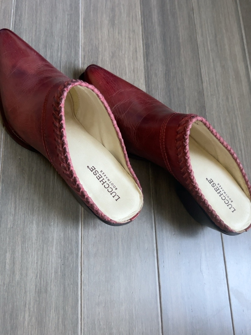 Lucchese Burgundy Leather Braided-Trim Slip-On Mules NWOT